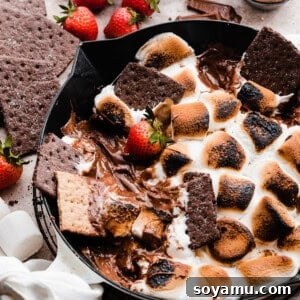 A skillet of s'mores dip with graham crackers scooping out the melty dip.