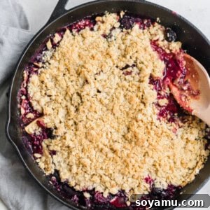 A square image of the Summer Glory Skillet Crumble, ready to be served.