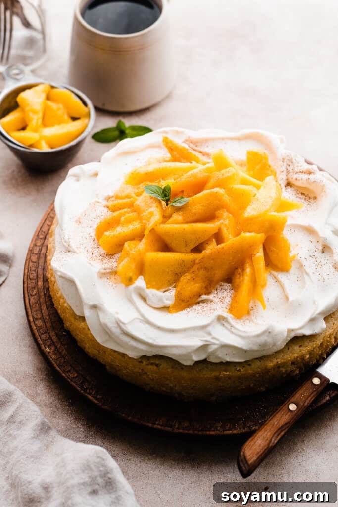 Tropical Mango Snack Delight 7 The fully assembled mango cake, adorned with pillowy whipped cream and fresh mango slices.