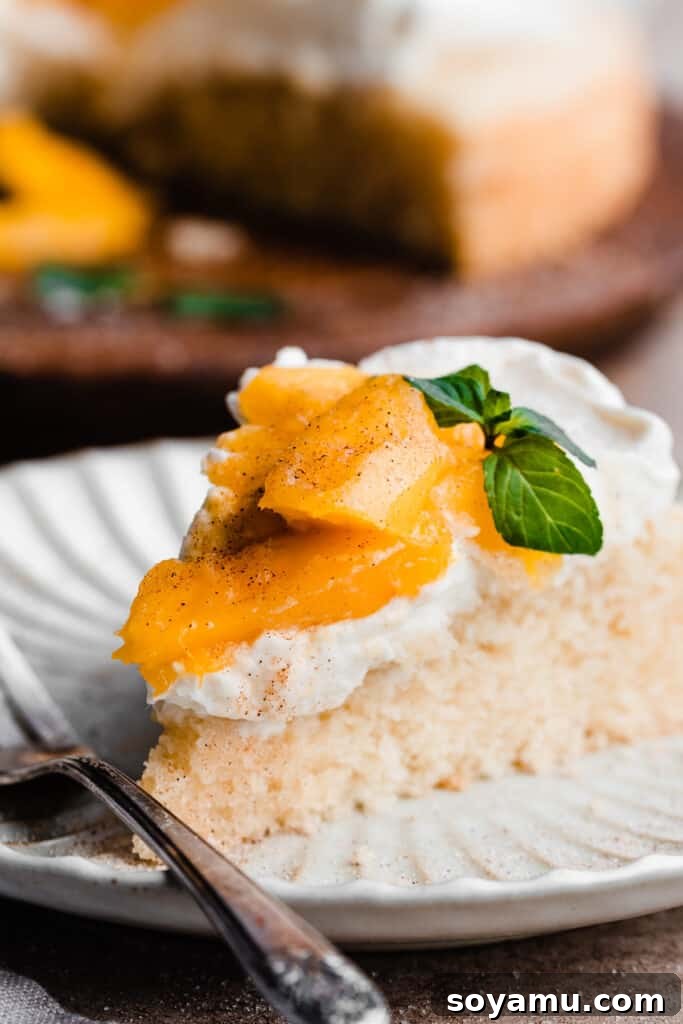 Tropical Mango Snack Delight 8 A single slice of mango cake on a white plate, ready to be enjoyed.