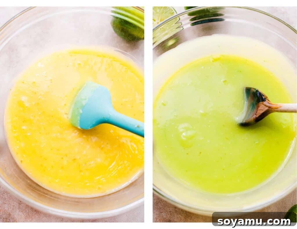Zesty Homemade Lime Curd 8 Two images: a bowl of yellow lime curd, and a bowl of green curd.