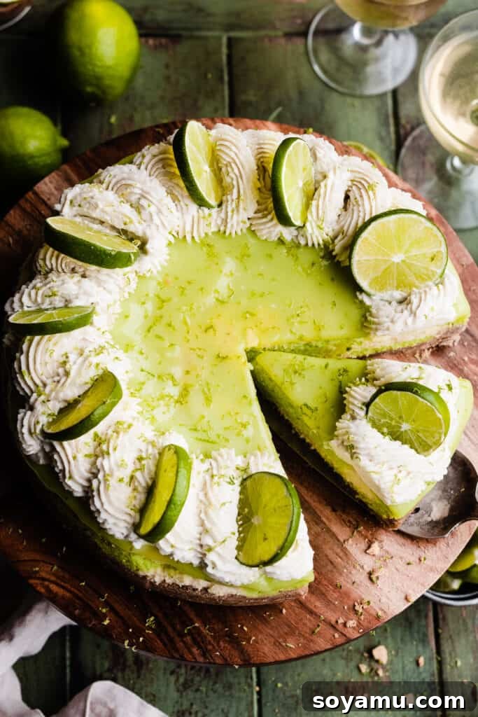 Zesty Homemade Lime Curd 9 A bird's eye view of a key lime pie cheesecake topped with lime curd.