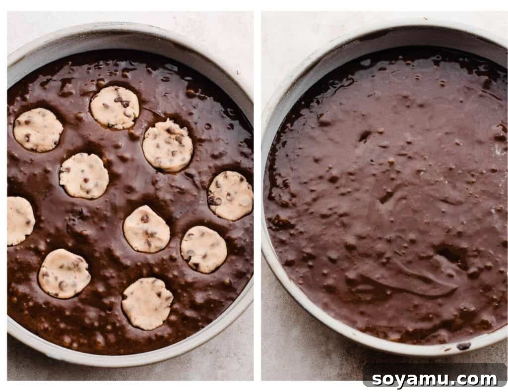 Decadent Cookie Dough Cake 7 Pans of cake batter with cookie dough discs pressed in.