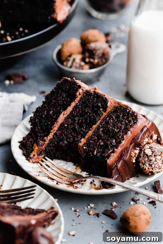 Velvet Chocolate Truffle Cake with Creamy Milk Chocolate Frosting 12 Slices of chocolate truffle cake on plates.
