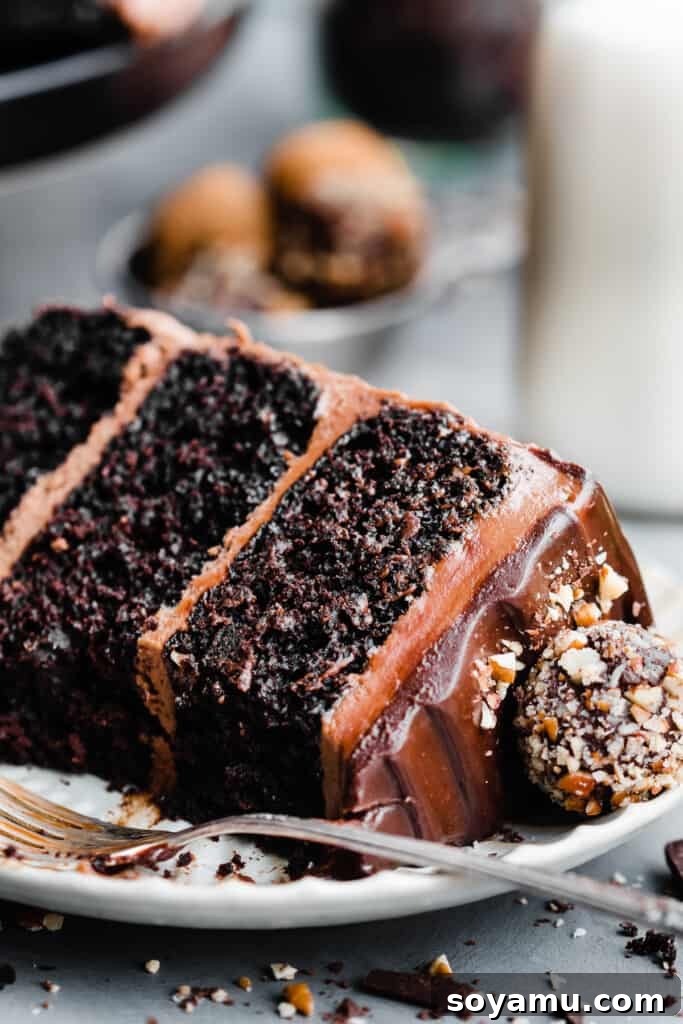 Velvet Chocolate Truffle Cake with Creamy Milk Chocolate Frosting 3 A close-up on a slice of the cake on a plate.