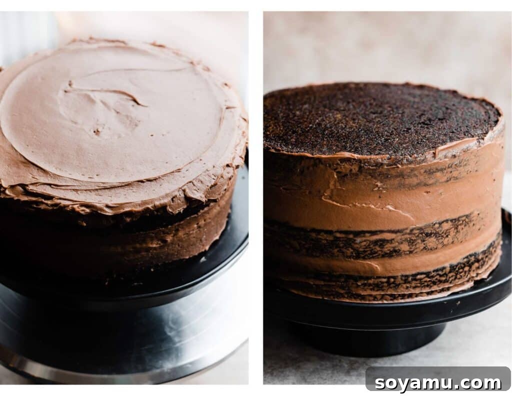 Velvet Chocolate Truffle Cake with Creamy Milk Chocolate Frosting 8 The cake being frosted and assembled.