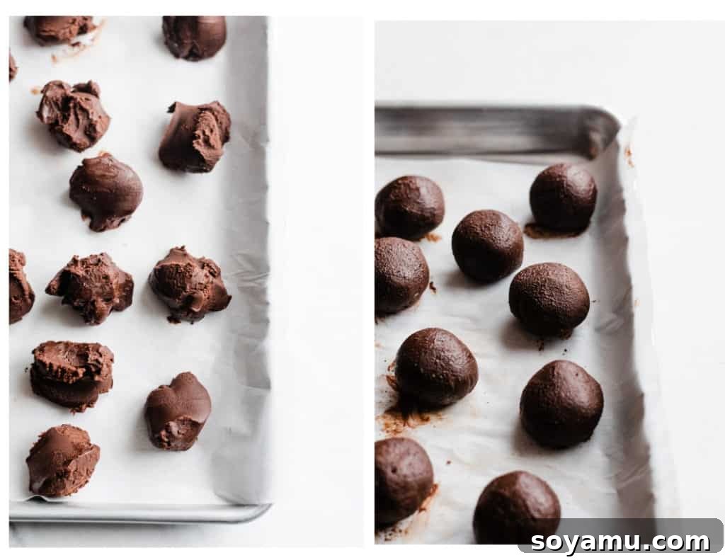 Velvet Chocolate Truffle Cake with Creamy Milk Chocolate Frosting 9 Chocolate truffles being rolled.
