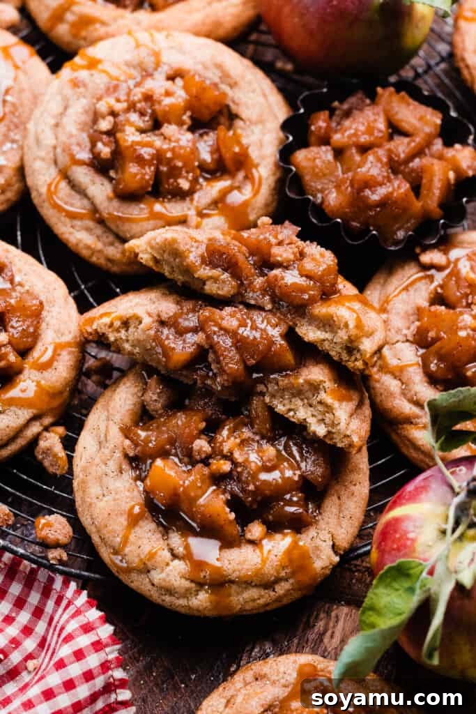 Salted Caramel Apple Pielettes 12 An apple pie cookie broken into two halves.