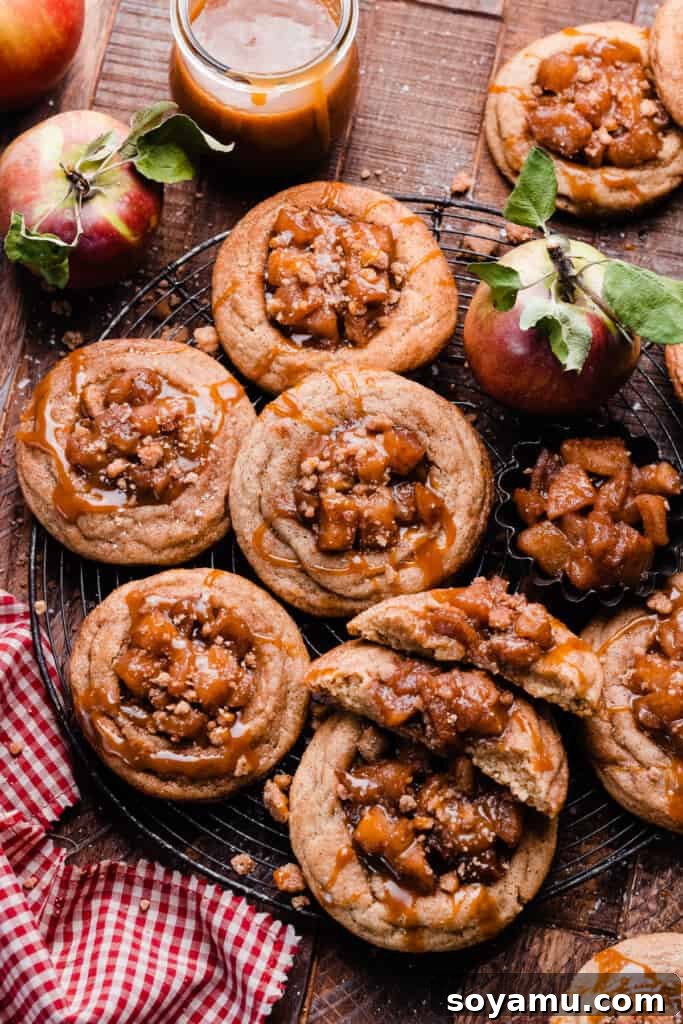 Salted Caramel Apple Pielettes 3 Apple pie cookies on a vintage tray, topped with streusel and drizzled with caramel.