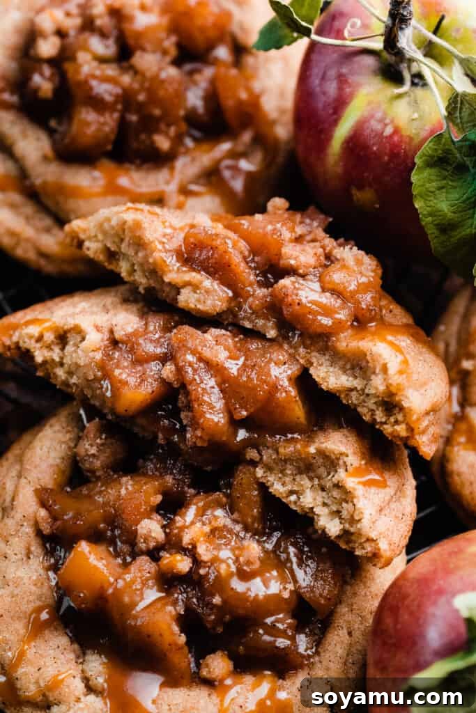 Salted Caramel Apple Pielettes 4 A close-up of an apple cookie broken in half.