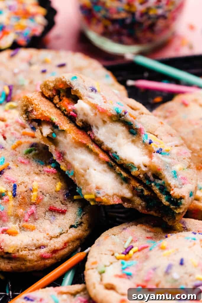 Irresistible Funfetti Cookies with a Cake Batter Cheesecake Surprise 2 Two halves of funfetti cookie, revealing the creamy cake batter cheesecake filling inside. A perfect cross-section showcases the vibrant sprinkles and the smooth, delectable center, inviting you to take a bite.