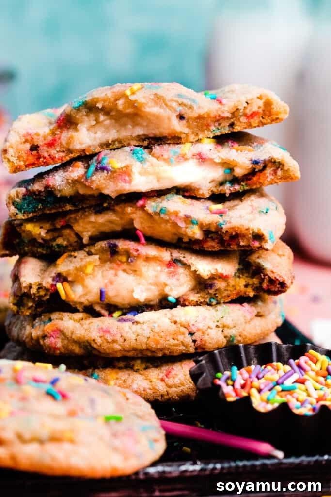 Irresistible Funfetti Cookies with a Cake Batter Cheesecake Surprise 11 A close-up on a perfectly stacked pile of the funfetti cake batter cookies, showcasing their colorful sprinkles, inviting texture, and overall festive appeal.