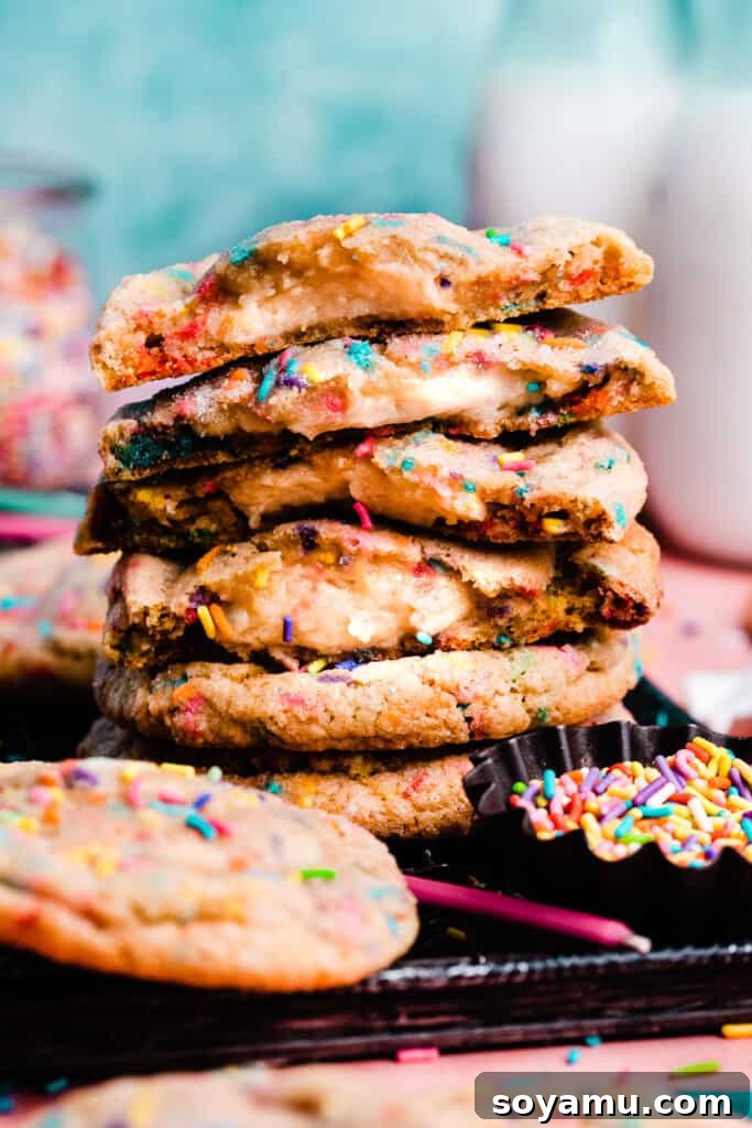 Irresistible Funfetti Cookies with a Cake Batter Cheesecake Surprise 3 A beautifully arranged stack of funfetti cookie halves, showcasing the delightful cheesecake filling inside, set against a vibrant bright blue backdrop. The colorful sprinkles are prominent and inviting.