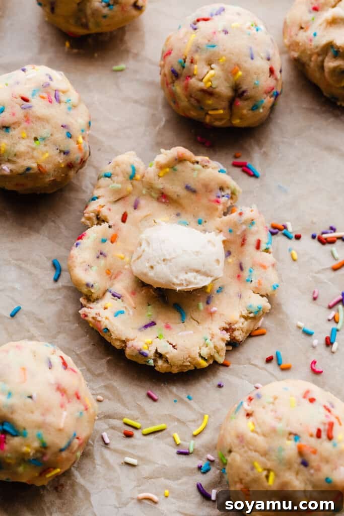 Irresistible Funfetti Cookies with a Cake Batter Cheesecake Surprise 7 A flattened cookie dough ball with a frozen cheesecake dollop precisely placed in its center, poised for the dough to be sealed around it.