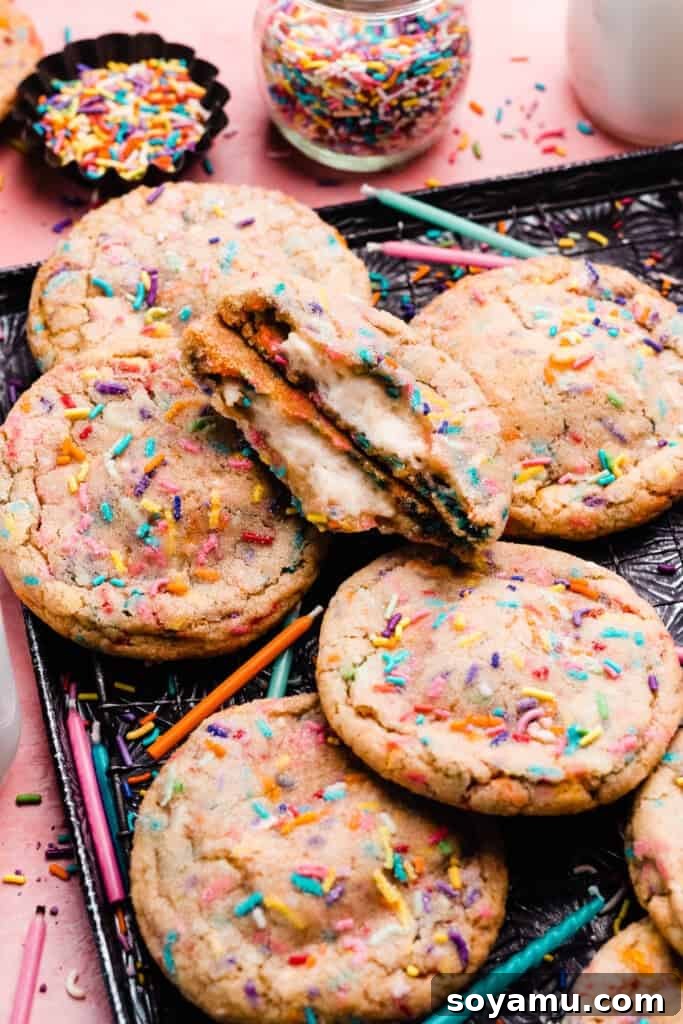 Irresistible Funfetti Cookies with a Cake Batter Cheesecake Surprise 9 A charming display of funfetti cookies arranged on a vintage tray, suggesting a delightful and comforting treat ready for enjoyment.