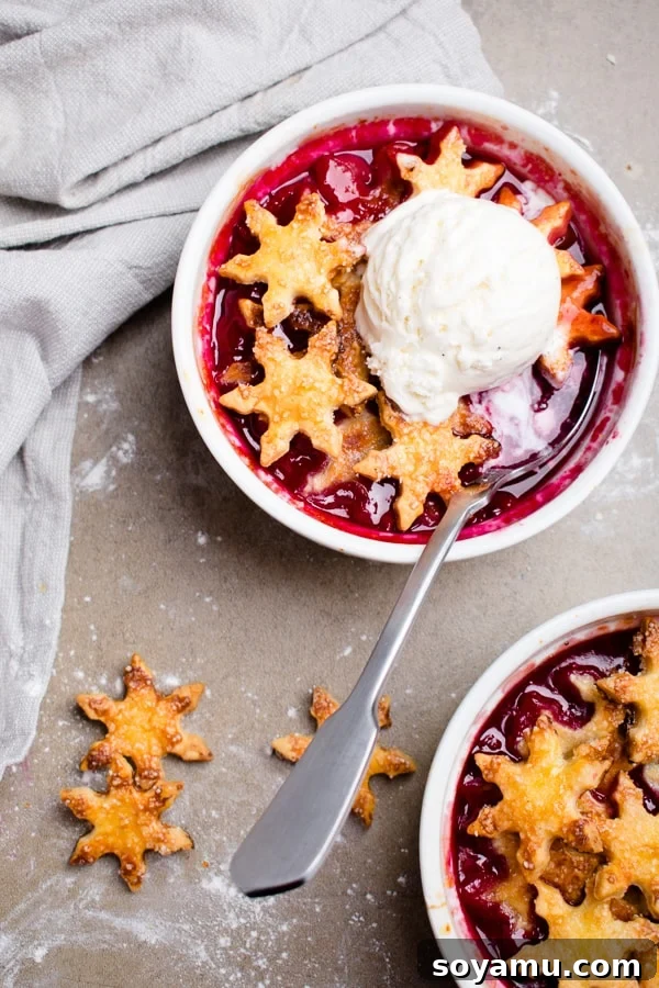 Two servings of cherry cobbler, one topped with vanilla ice cream melting into the warm fruit.