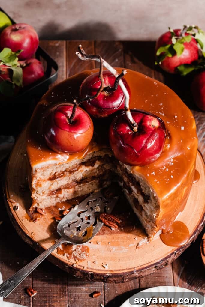 Autumn Apple Caramel Delight 12 A top-down perspective of the impressive Caramel Apple Cake, revealing its moist interior, spiced apple layers, and rich frosting.