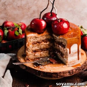 A sliced open caramel apple cake with caramel drip, apple filling, and candy apples on top.