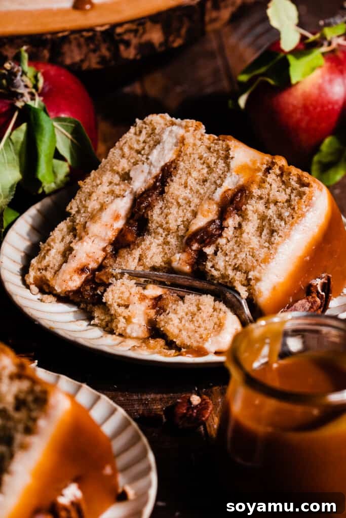 Autumn Apple Caramel Delight 3 Individual slices of the decadent Caramel Apple Cake, beautifully plated and ready to be enjoyed.