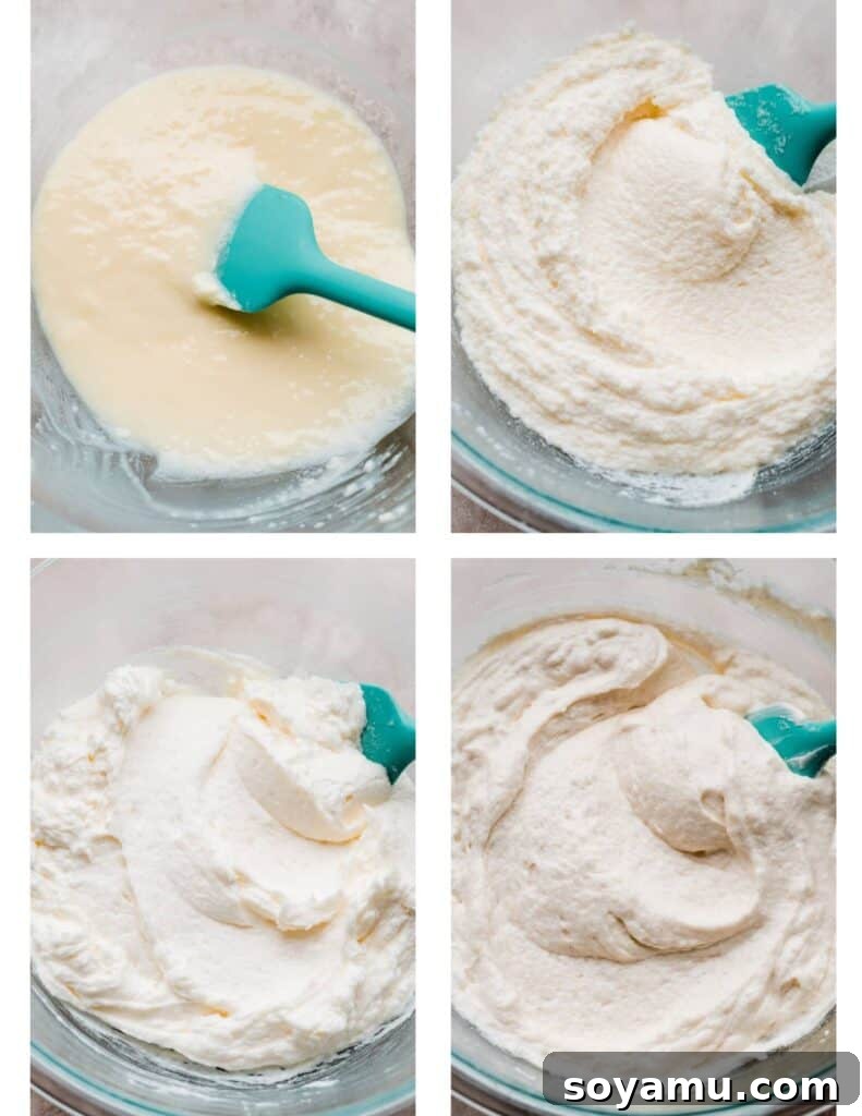Autumn Apple Caramel Delight 6 A collage of four images illustrating the process of making the smooth and creamy cake batter, from creaming butter to adding dry ingredients.