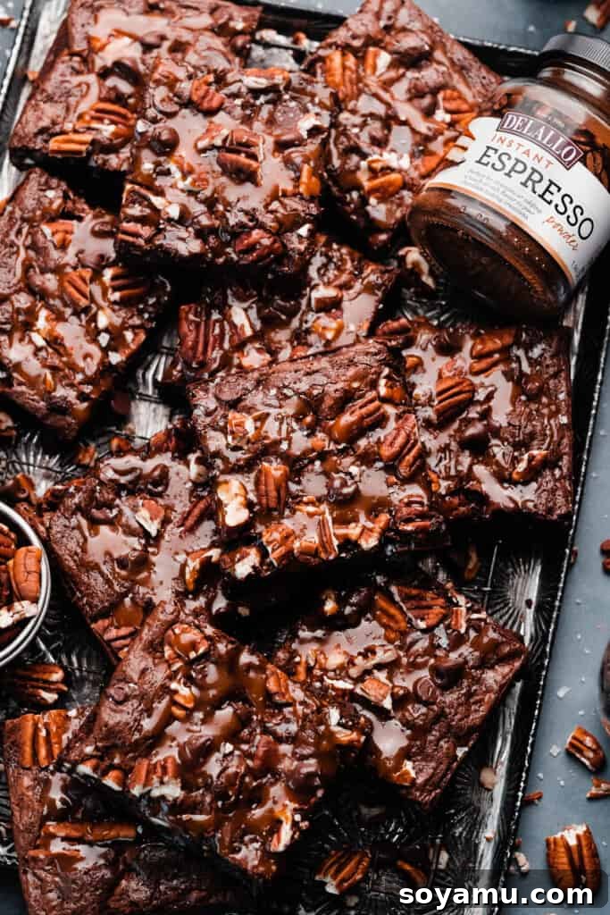 Irresistible Turtle Brownies 3 Sliced turtle brownies on a vintage metal tray.