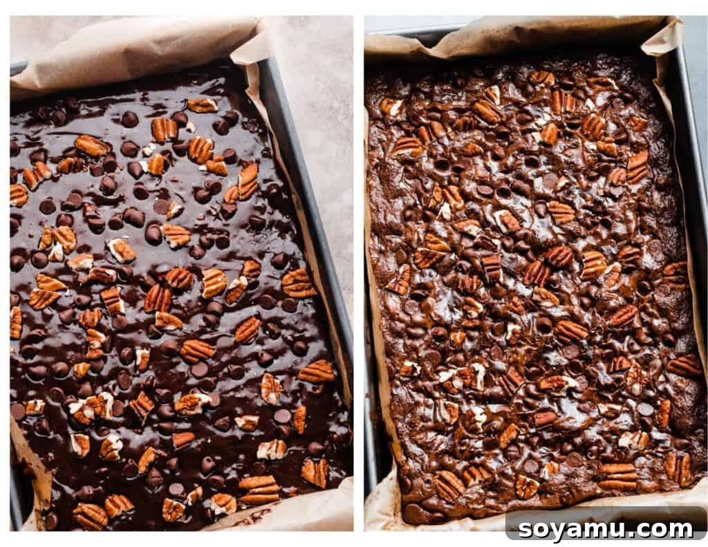 Irresistible Turtle Brownies 6 Two images - the pan of unbaked and the pan of baked brownies.