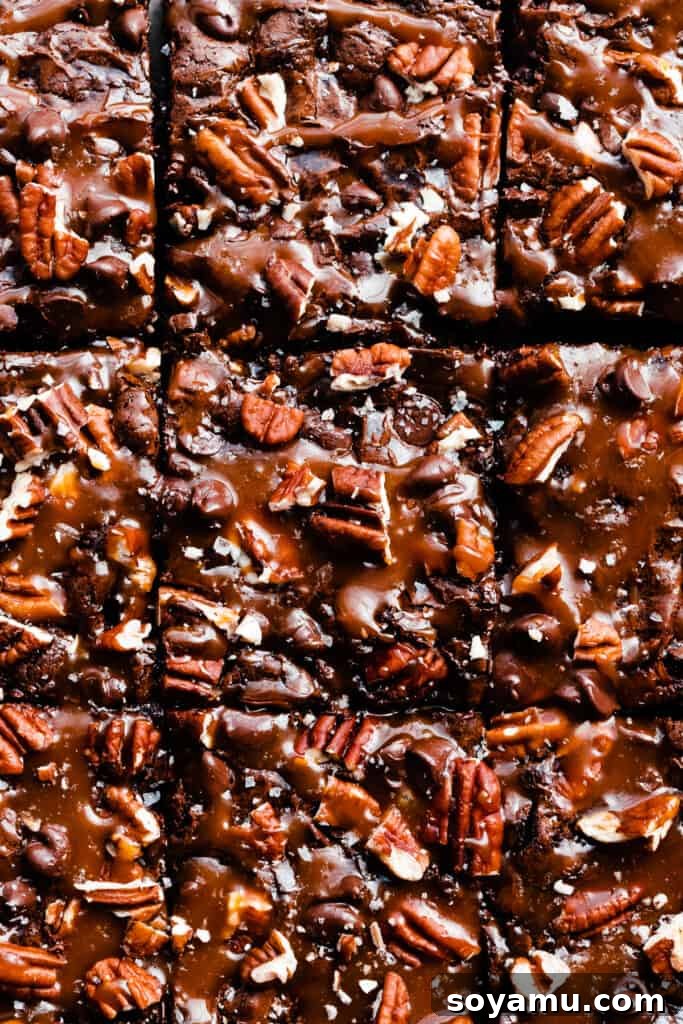 Irresistible Turtle Brownies 7 A close-up on the rows of sliced brownies, topped with salted caramel sauce.