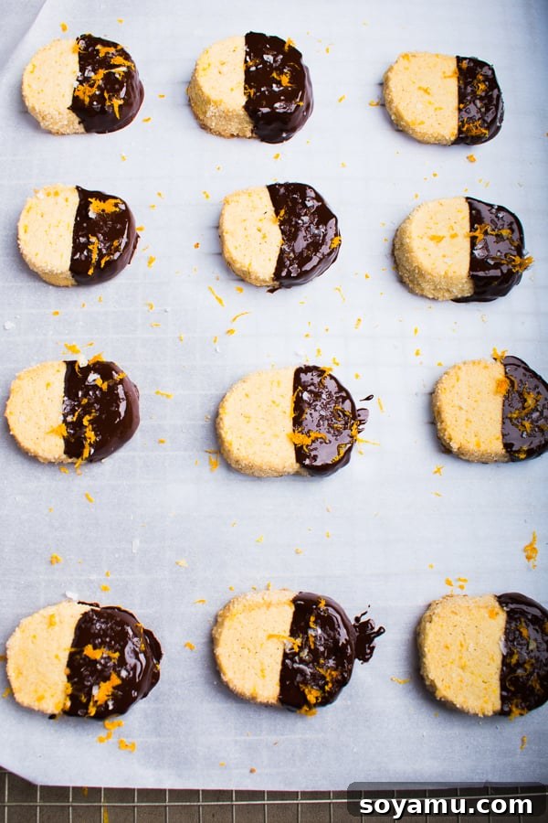 Close-up of a stack of dark chocolate orange shortbread cookies Close-up of salted dark chocolate orange shortbread cookies, showing tender crumb