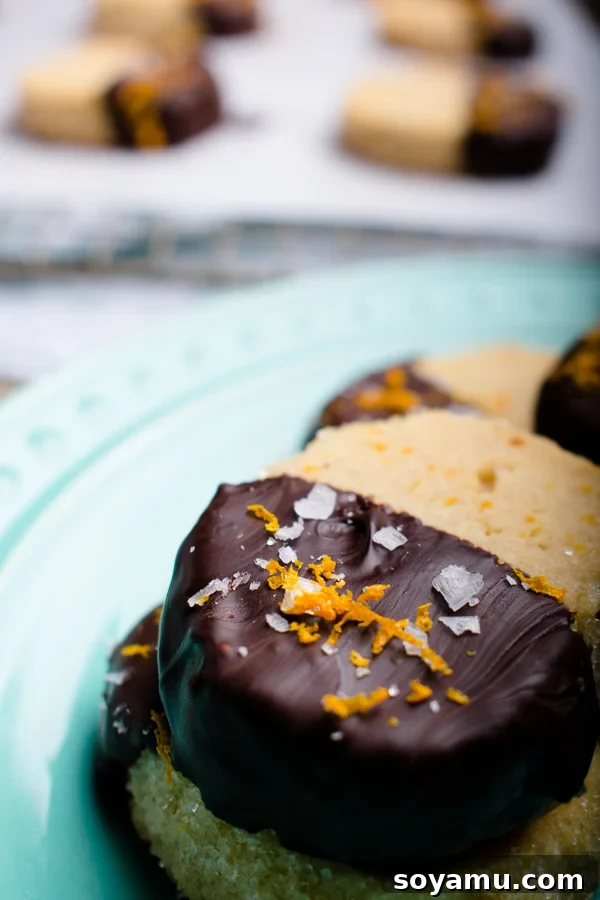 Beautifully presented salted dark chocolate orange cookies Salted dark chocolate orange shortbread cookies arranged artfully