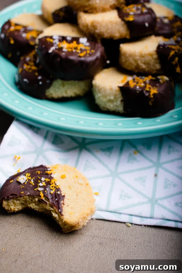 Salted dark chocolate orange shortbread cookies on a serving plate Finished salted dark chocolate orange shortbread cookies with a festive feel