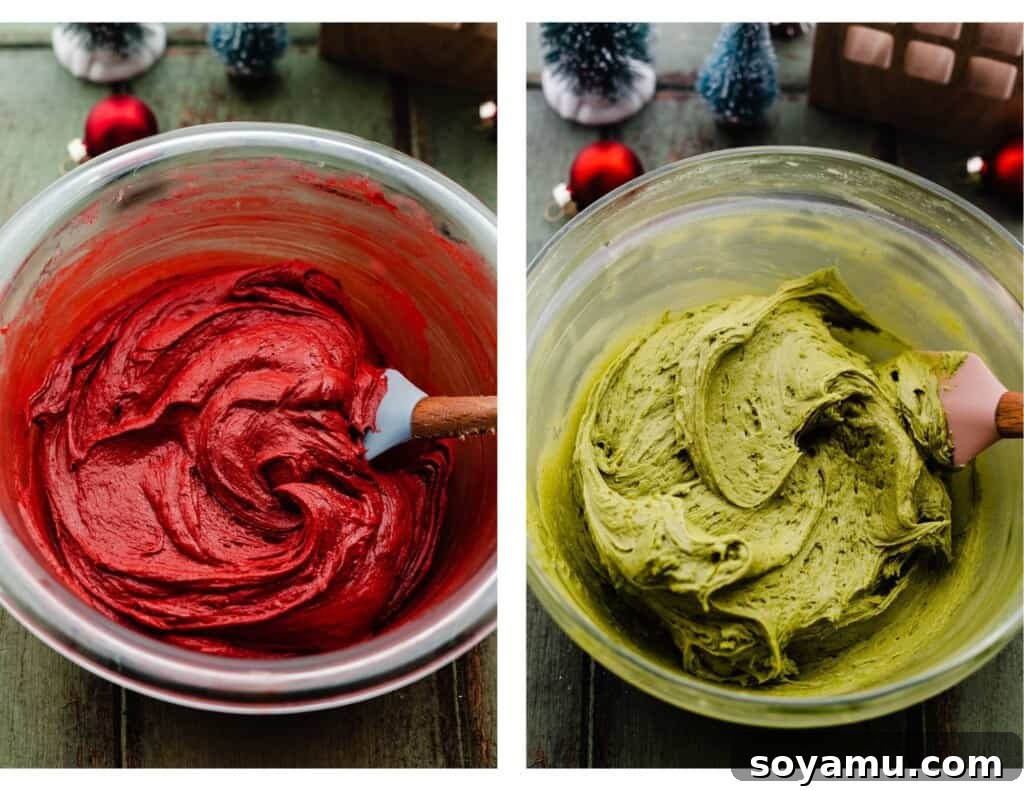 Ultra Chewy Frosted Sour Cream Cookies 10 Bowls of vibrant red and green frosting, ready for decorating, showing the rich colors achieved with gel food coloring.