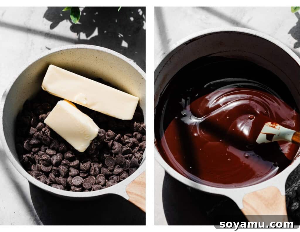 Ultra Fudgy Gluten Free Brownies 4 Photos depicting the butter and chocolate mixture coming together, illustrating the smooth, glossy texture as it melts.