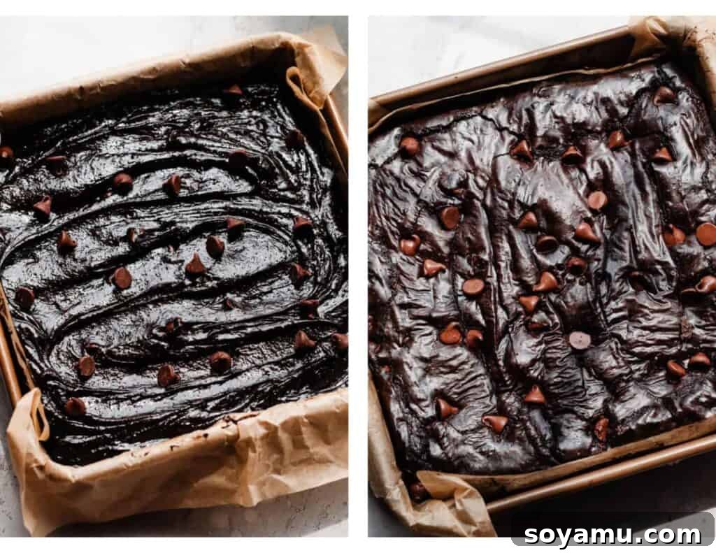Ultra Fudgy Gluten Free Brownies 7 A pan of the unbaked brownie batter ready for the oven, next to a perfectly baked pan of the dessert with a crackly top.