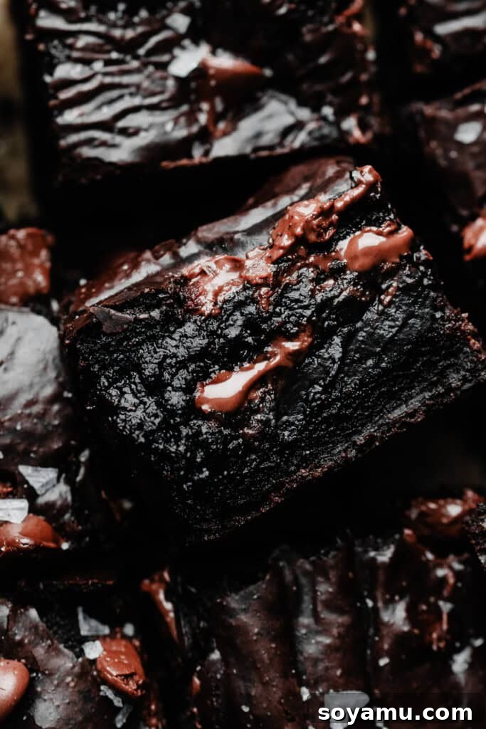 Ultra Fudgy Gluten Free Brownies 9 A close-up on the inside of a fudgy gluten-free brownie, showing its dense, moist texture studded with melty chocolate chips.