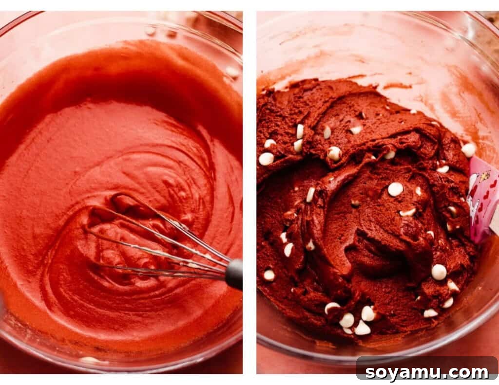 Decadent Red Velvet Cookies with Cream Cheese Frosting 4 A visual progression showing a bowl of vibrant red wet ingredients on the left, and a bowl of the finished, rich red cookie dough with white chocolate chips on the right, ready for chilling.