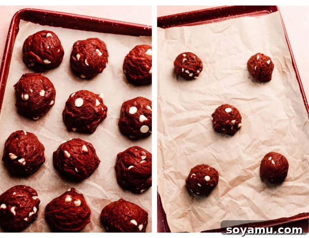 Decadent Red Velvet Cookies with Cream Cheese Frosting 5 A baking sheet neatly lined with parchment paper, holding perfectly scooped and chilled red velvet cookie dough balls, spaced out and ready for the oven.