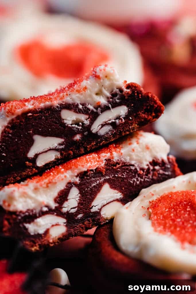 Decadent Red Velvet Cookies with Cream Cheese Frosting 9 A close-up view of two halves of a red velvet cookie, revealing its perfectly fudgy and moist interior, dotted with melted white chocolate chips, showcasing the desired texture.