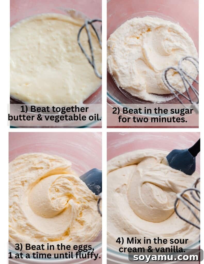 Decadent 8-inch Vanilla Cake with Golden Brown Butter Frosting 4 Four images showing the steps to mixing together the butter, oil, sugar, eggs, sour cream, and vanilla extract.
