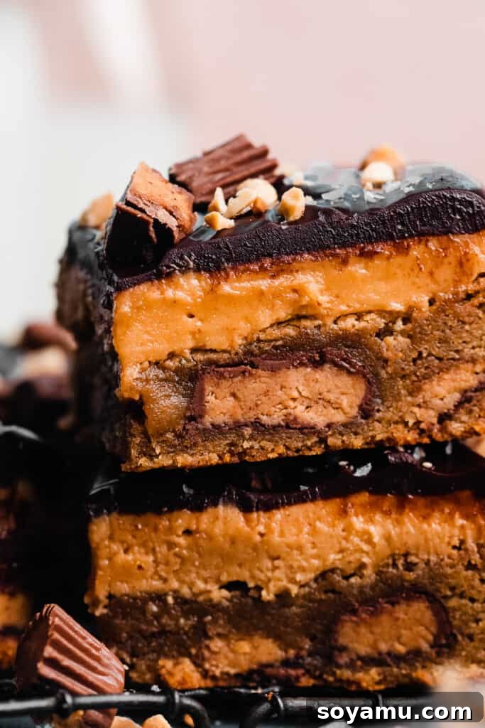 Peanut Butter Overload Blondies with Chocolate Ganache 12 A close-up of a stack of two of the peanut butter blondies, beautifully cut to show the peanut butter cups inside.