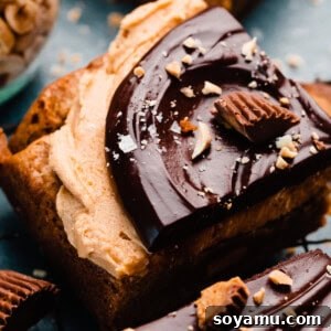 A close-up on a peanut butter blondie, frosted in peanut butter frosting and chocolate ganache.
