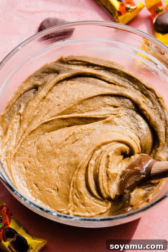 Peanut Butter Overload Blondies with Chocolate Ganache 4 A bowl of the rich, thick blondie batter, ready for the next step.
