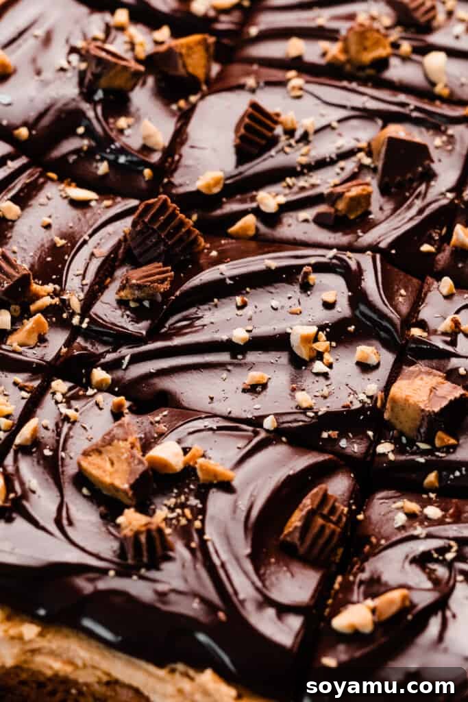 Peanut Butter Overload Blondies with Chocolate Ganache 10 A close-up of the perfectly sliced peanut butter blondies nestled together, showcasing their distinct layers.