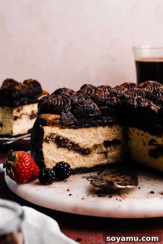 Decadent Mocha Tiramisu Cheesecake 13 A detailed close-up of the inside of a sliced cheesecake, revealing all the delicious layers: chocolate crust, cheesecake, and espresso-soaked ladyfingers.