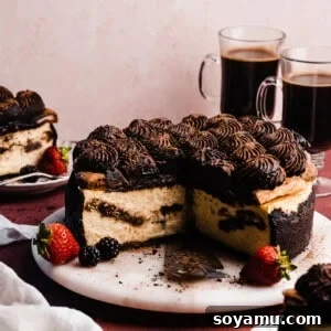 A stunning Tiramisu Cheesecake with espresso chocolate cream topping, ready to be served.