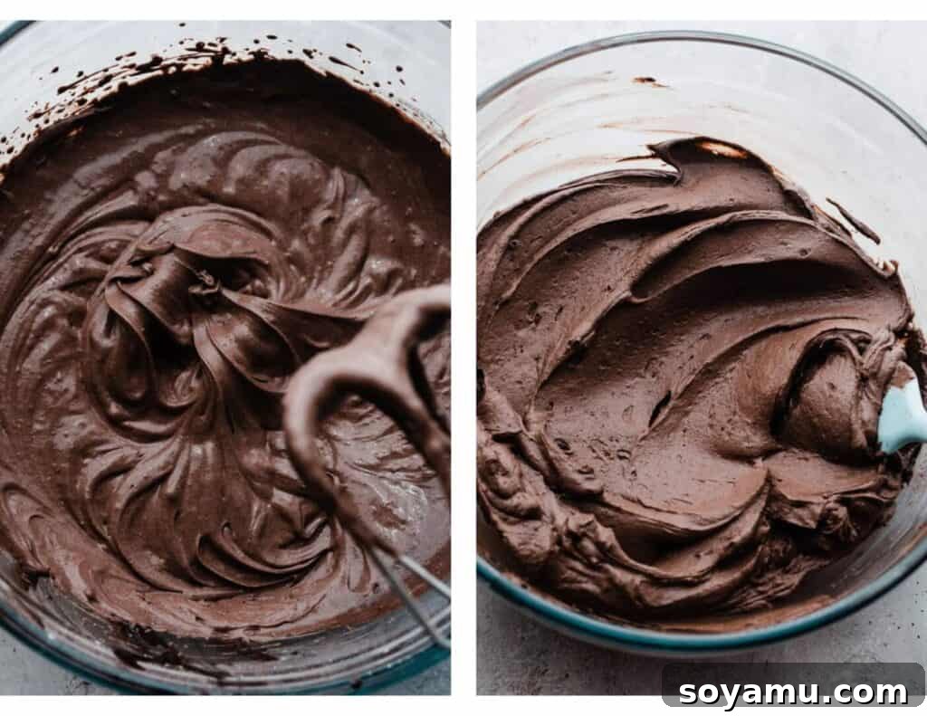 Decadent Mocha Tiramisu Cheesecake 10 A rich bowl of the homemade chocolate espresso cream, perfectly whipped and ready for piping onto the cheesecake.
