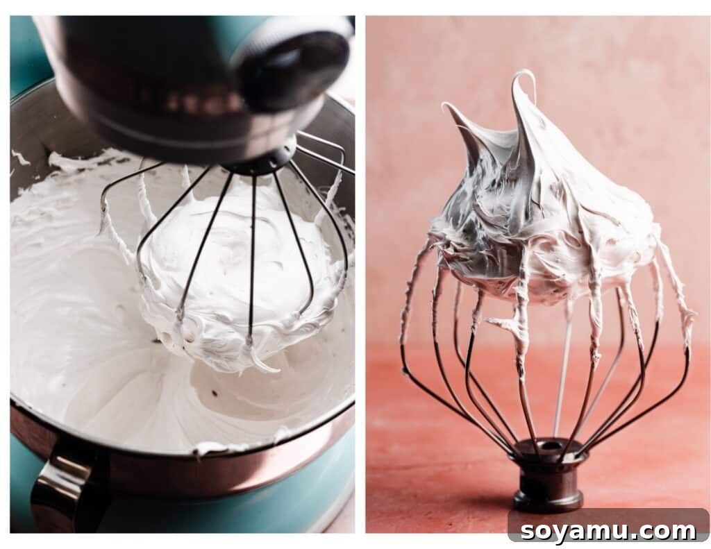 Two images showcasing the perfectly whipped Swiss meringue: one in a stand mixer bowl, the other with the whisk attachment holding stiff peaks.