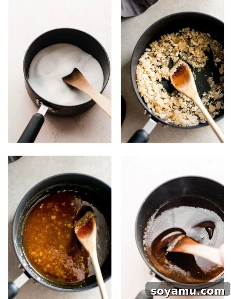 Decadent 10-Minute Salted Caramel Sauce 4 A series of four images depicting the granulated sugar melting from crystals to a smooth, deep amber liquid.