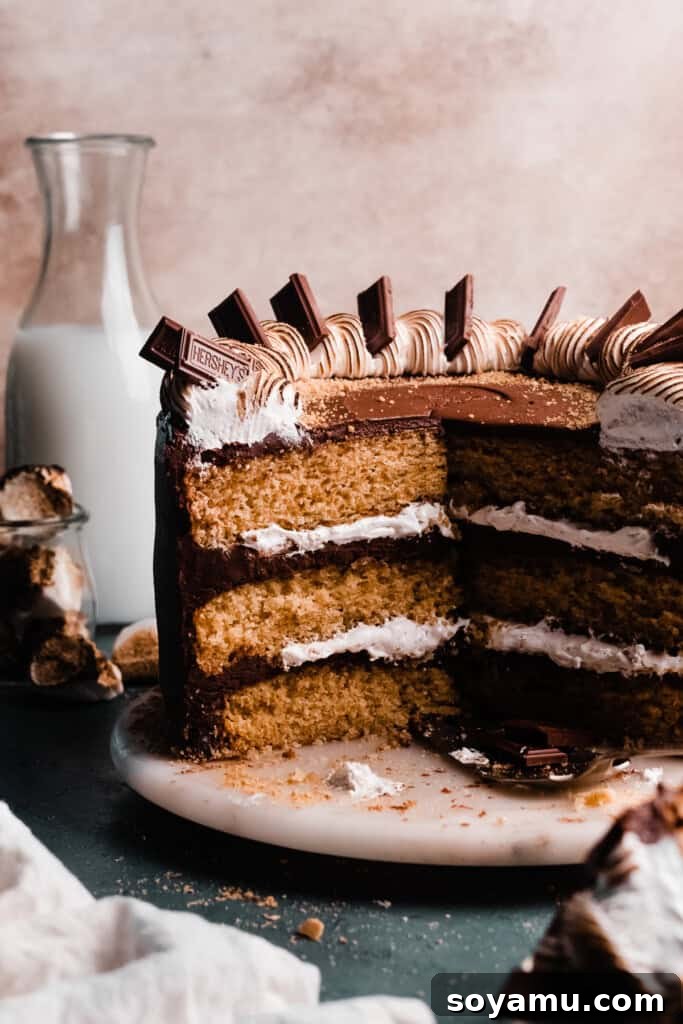 A close-up of the inside of the sliced open s'mores cake, showing layers of graham cracker cake, marshmallow creme, and milk chocolate frosting.