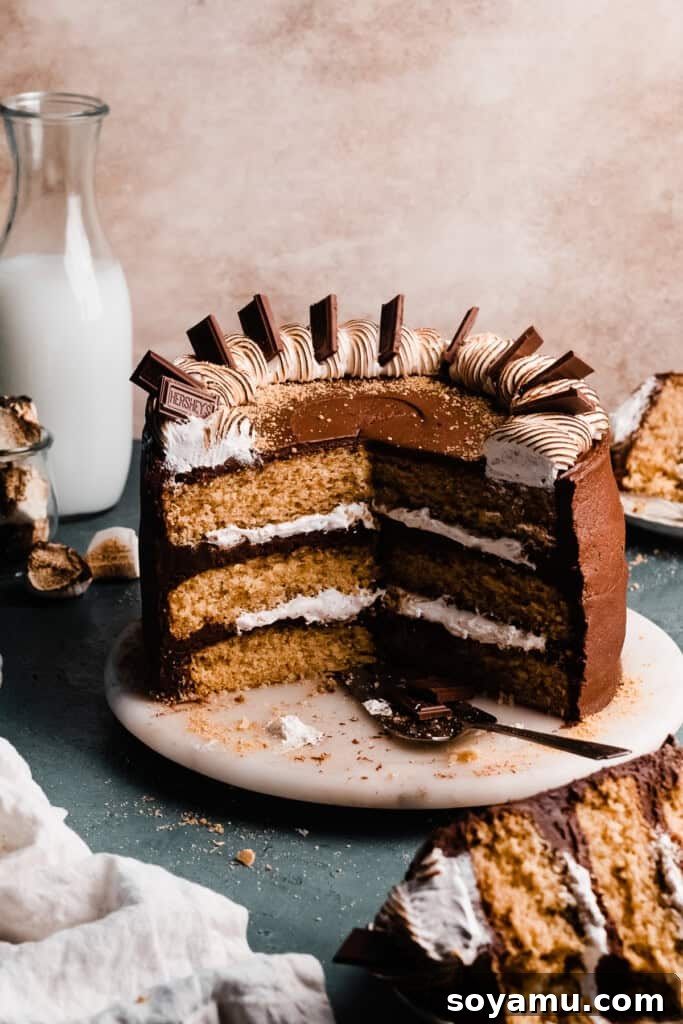 The sliced open s'mores cake on a marble cake plate, showing the layers inside.