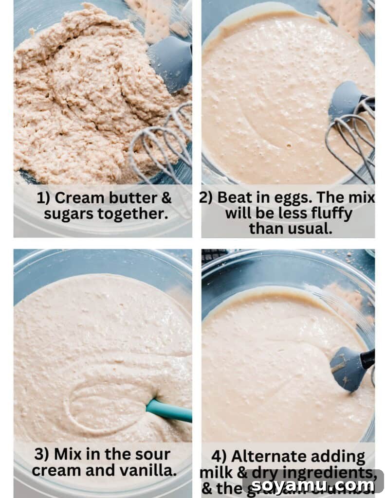 Four photos showing the stages of the cake batter being made.